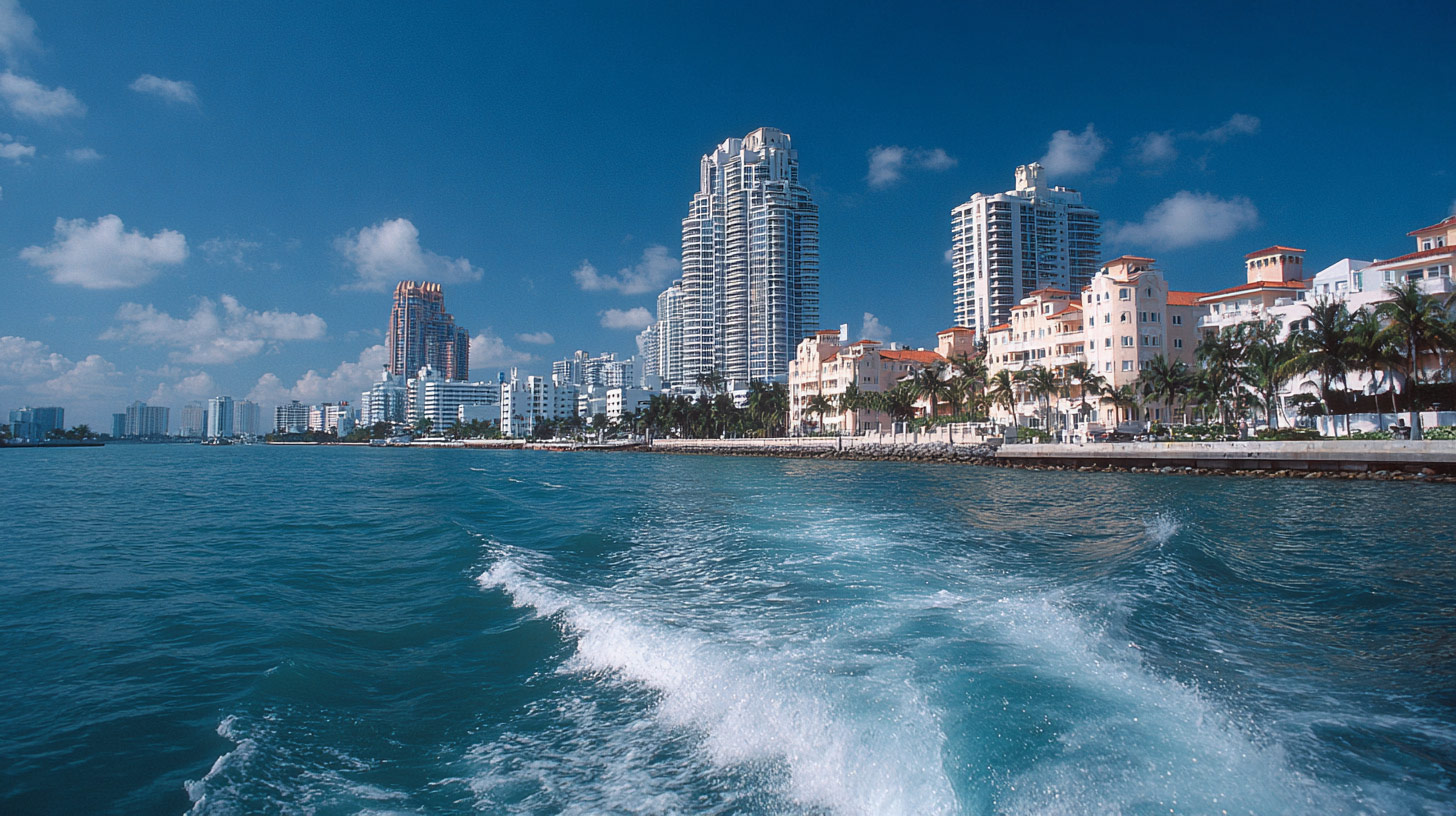 A visitor takes of photo on the stern of the Miami Architecture Cruise boat looking at Miami Beach. 