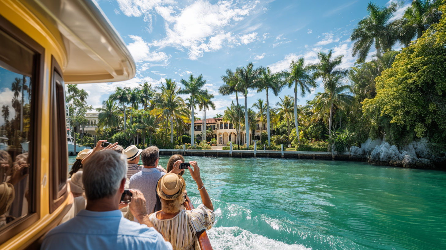 Guests move to the right side of the boat to take photos of the celebrity homes. 