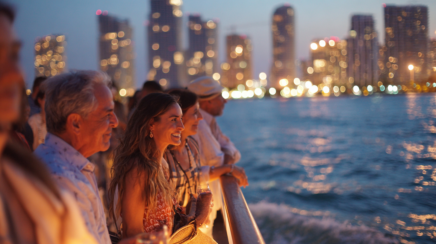 Miami Architecture Night Cruise with the Downtown Miami skyline illuminated at night over Biscayne Bay