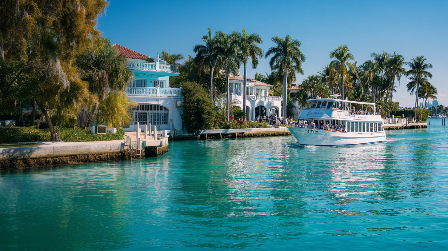 A boat passes by one of the Venetian Islands druing their sightseeing cruise