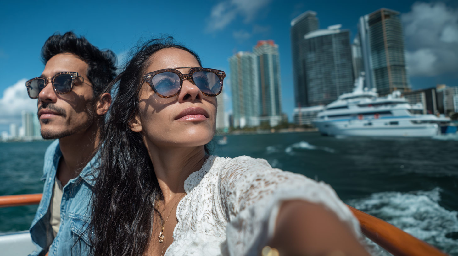 Take your lifestyle photo as an influencer on a cruise in Biscayne Bay.
