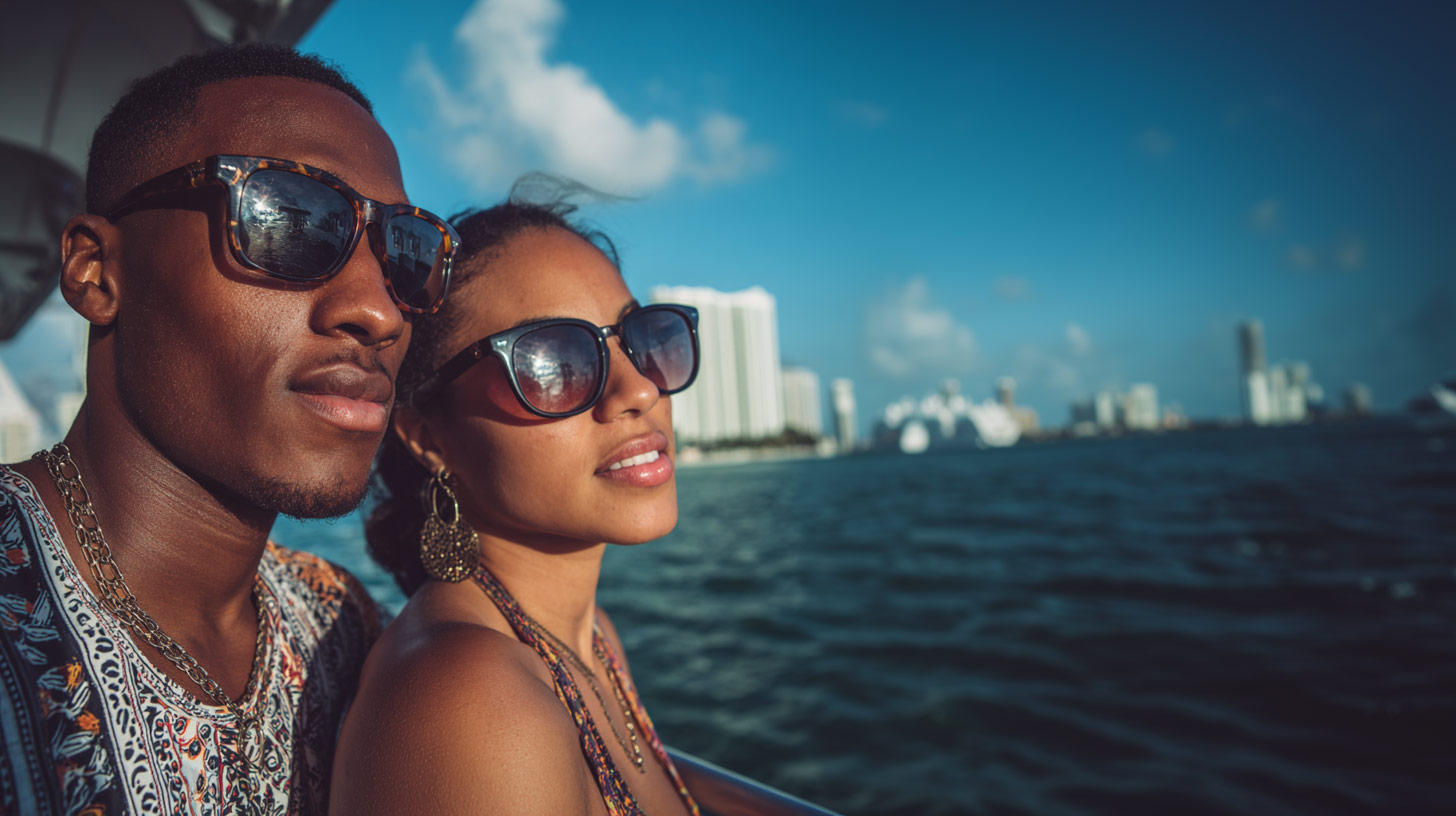 An African-American couple are enjoying the views during their Miami Sightseeing cruise. 