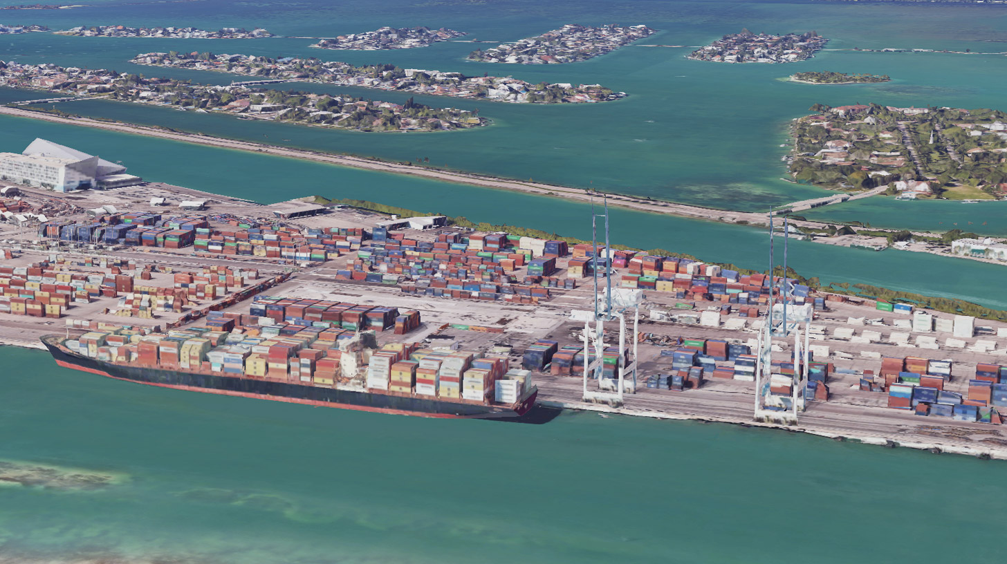 An aerial shot of the Port of Miami with the Venetian Islands in the background.