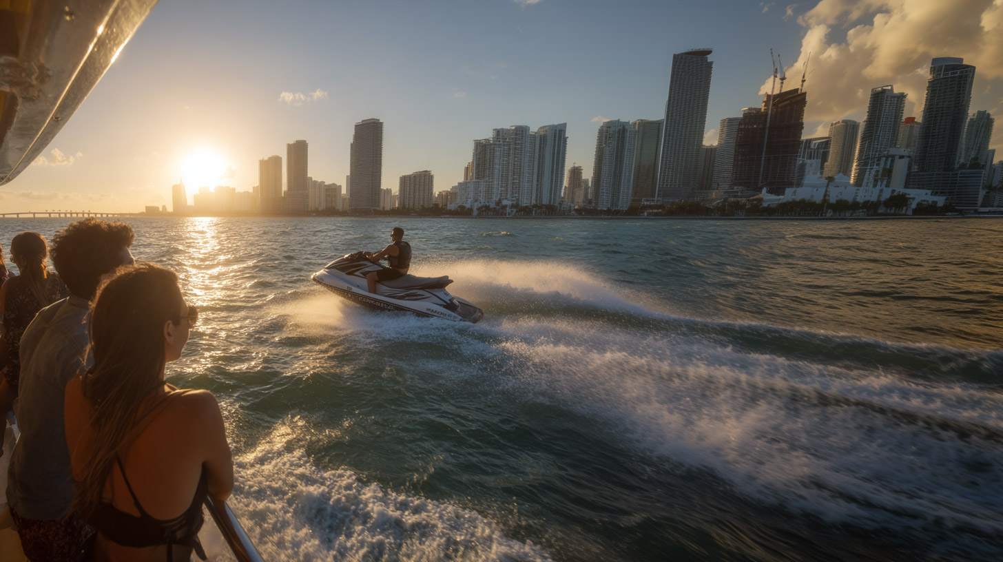 A jet ski flies by in Biscayne Bay..